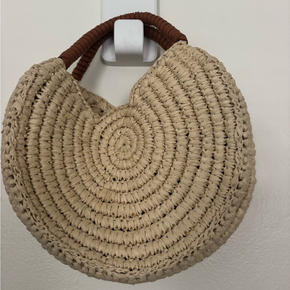 Woven Straw Round Tote Bag with Brown Wrapped Handles - Picture 4 of 5